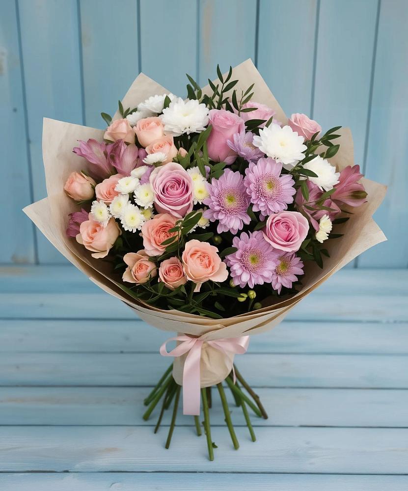 Букет цветов из: Хризантемы, Розы и Альстромерии в Ясном