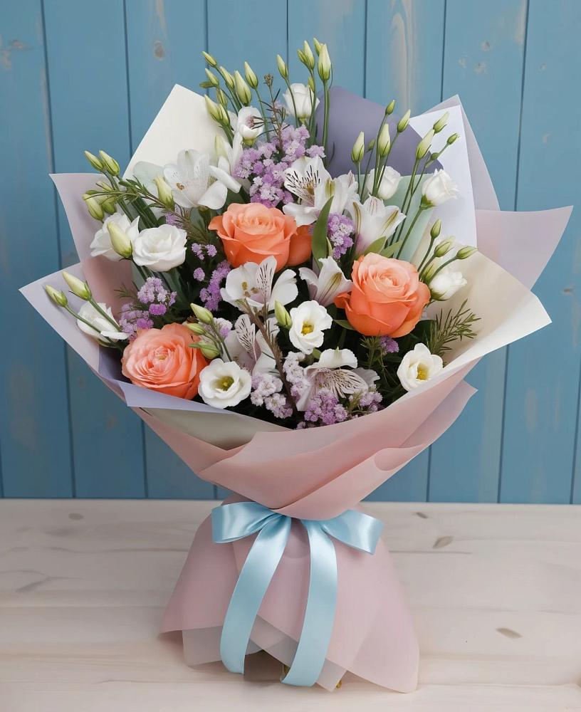 Букет цветов из: Лизиантусы, Розы, Альстромерии и Гипсофила в Ясном