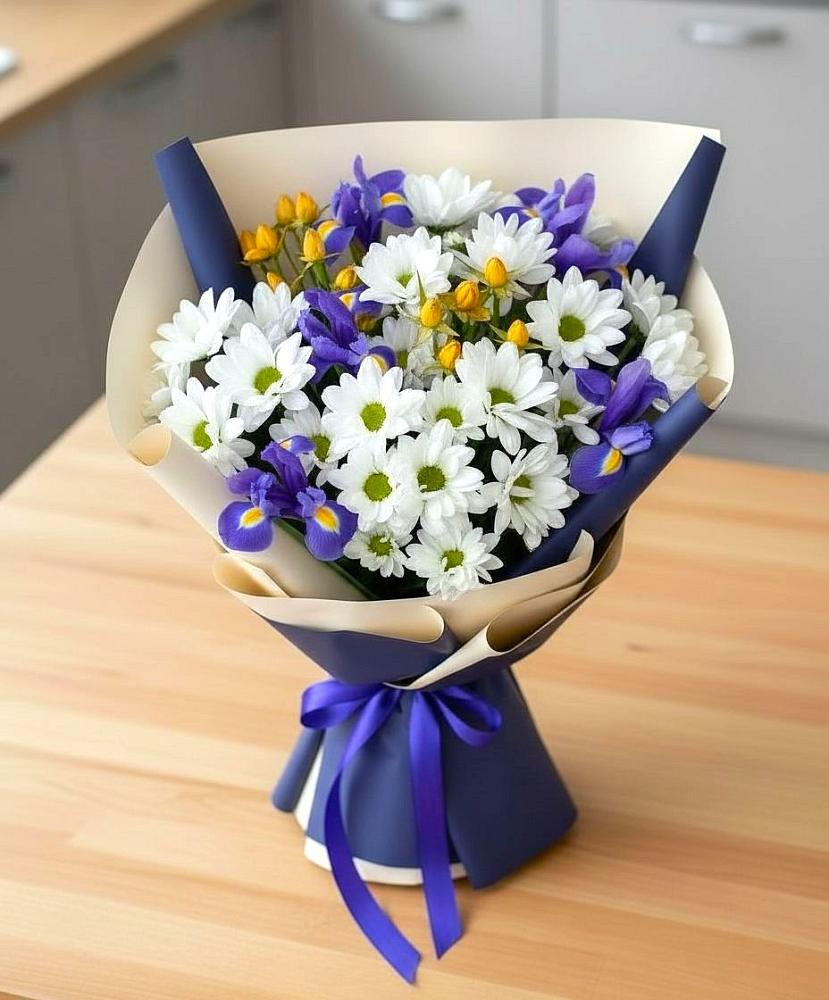 Букет цветов из: Розы, Ирисы и Хризантемы в Ясном
