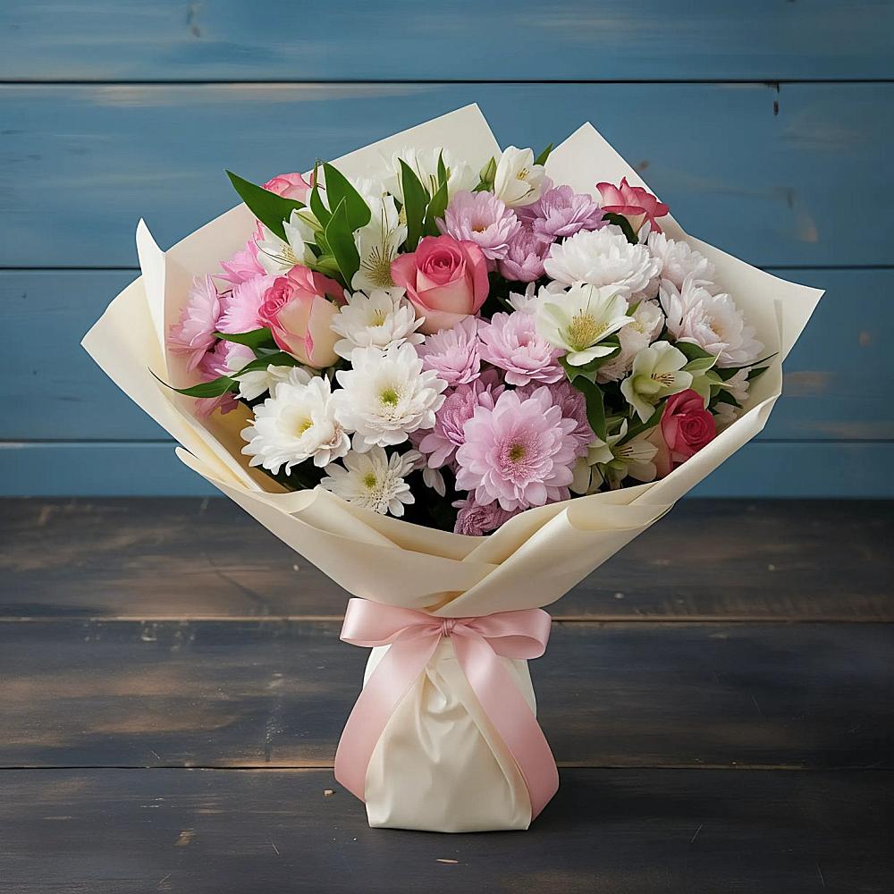 Букет цветов из: Хризантемы, Альстромерии и Розы в Ясном